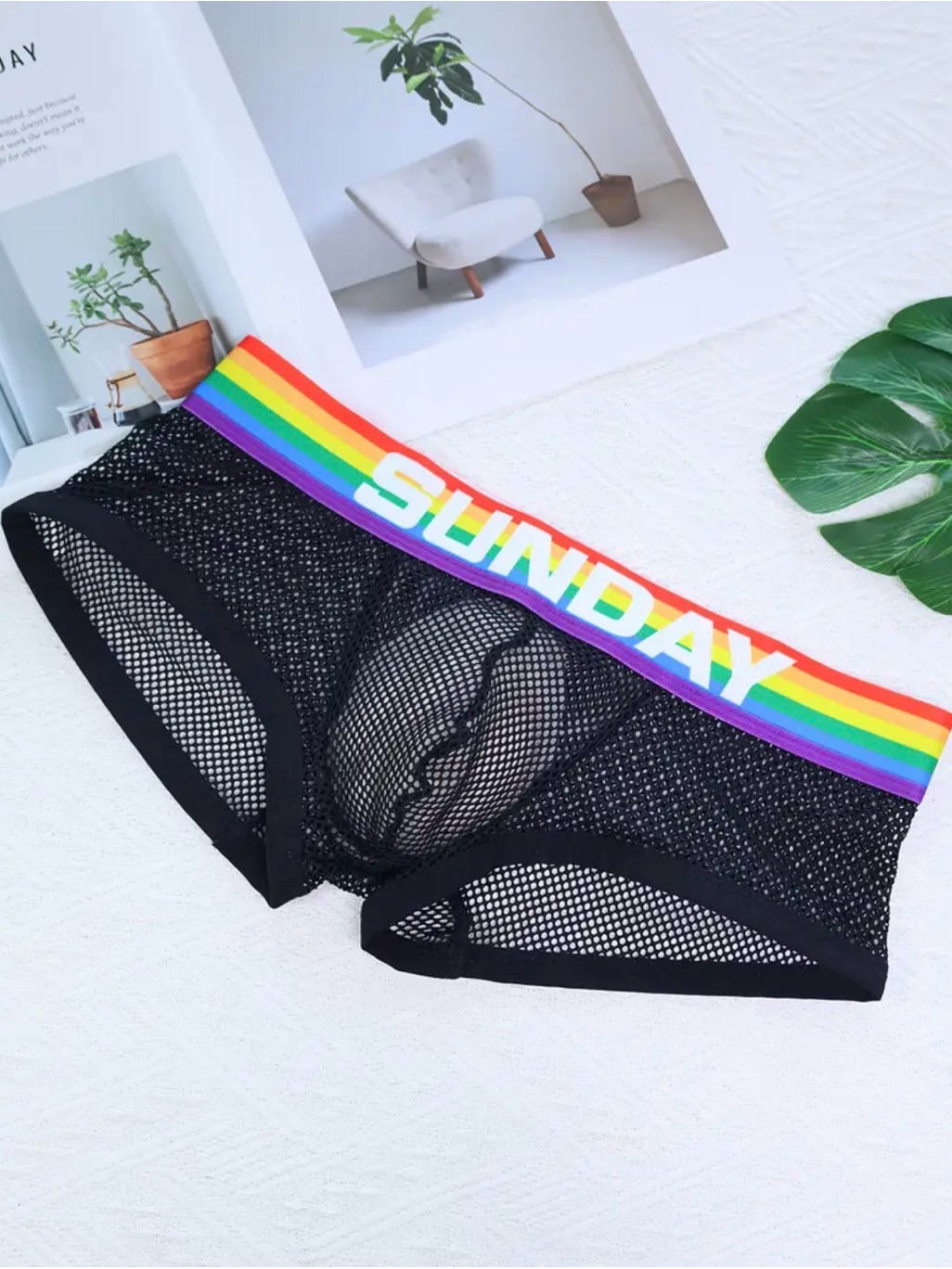 Sunday Rainbow Waistband Black Mesh Men's Boxer Briefs